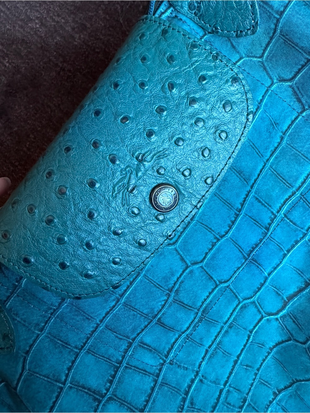 Longchamp Blue Teal Croc-Embossed Print Le Pliage Tote - size medium - Picture 3 of 9